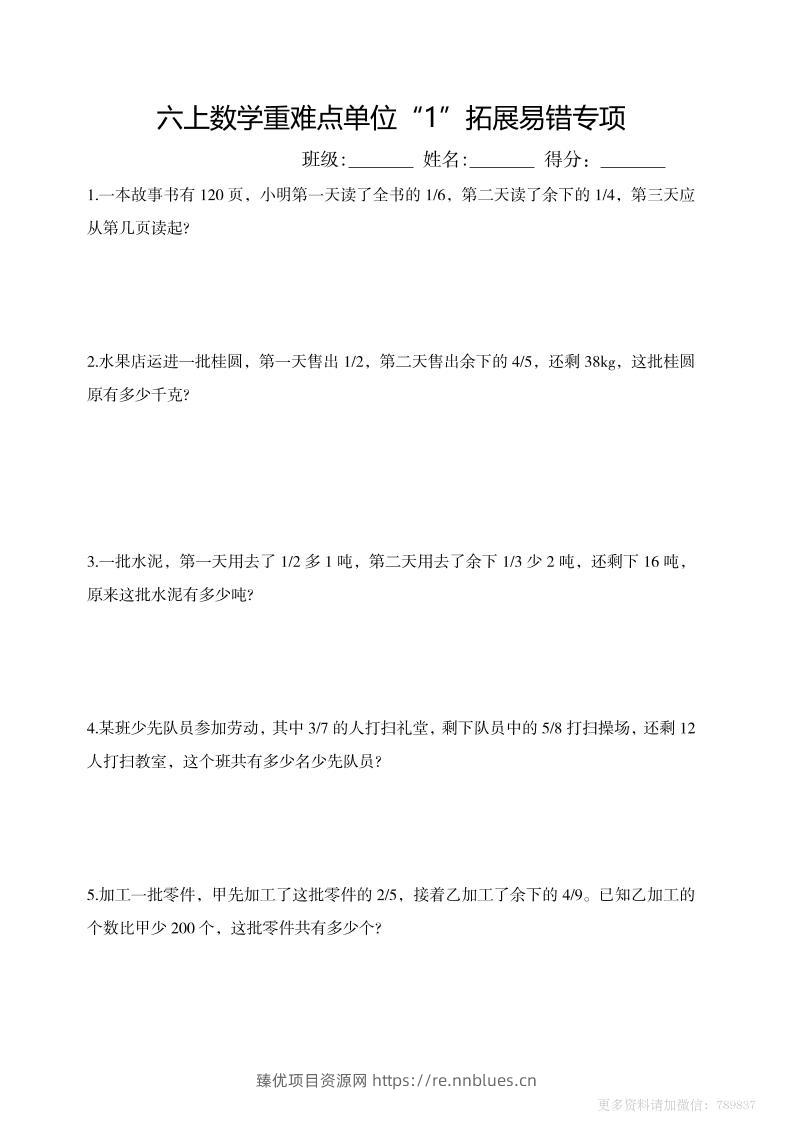 六上数学重难点单位“1”拓展易错专项含答案 - 臻优资源网