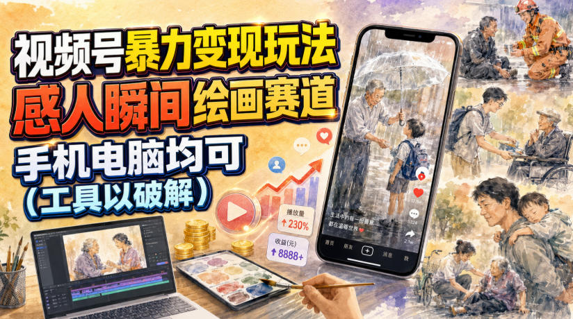 视频号暴力变现玩法，感人瞬间绘画赛道，手机电脑均可 - 臻优资源网