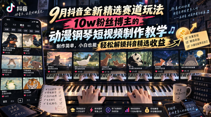 9月抖音全新精选赛道玩法，10w粉丝博主的动漫钢琴短视频制作教学，制作简单，小白也能轻松解锁抖音精选收益 - 臻优资源网