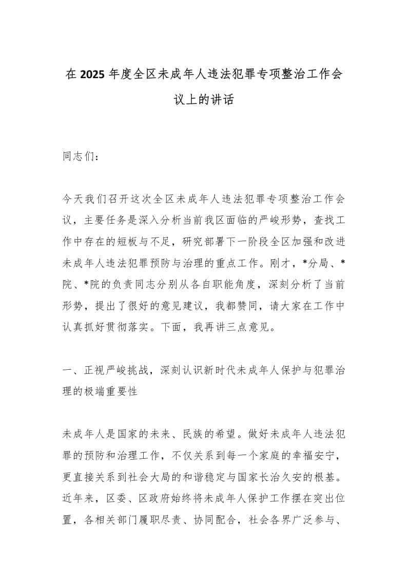 在2025年度全区未成年人违法犯罪专项整治工作会议上的讲话 - 臻优资源网