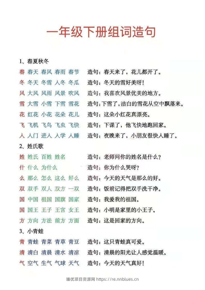 一年级下册生字组词造句阅读本_去水印 - 臻优资源网