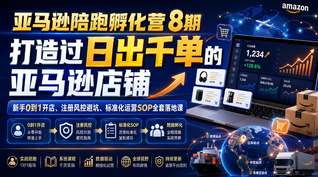 亚马逊陪跑孵化营8期，打造过日出千单的亚马逊店铺，新手0到1开店、注册风控避坑、标准化运营SOP全套落地课 - 臻优资源网