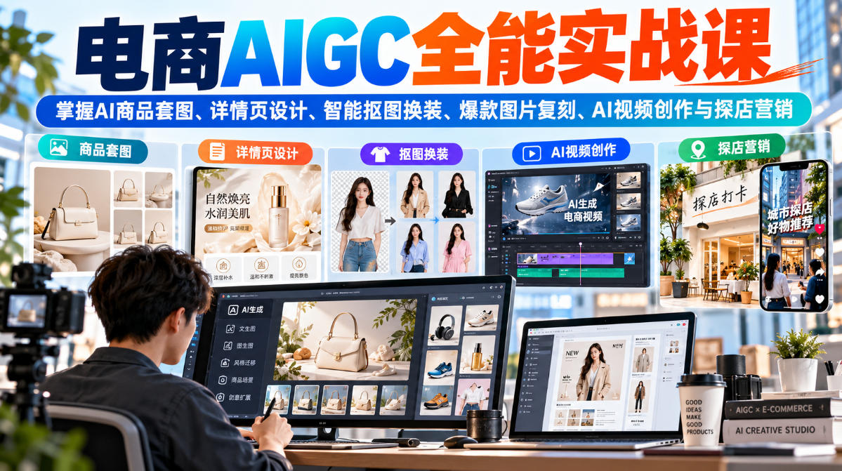 电商AIGC全能实战课：掌握AI商品套图、详情页设计、智能抠图换装、爆款图片复刻、AI视频创作与探店营销 - 臻优资源网