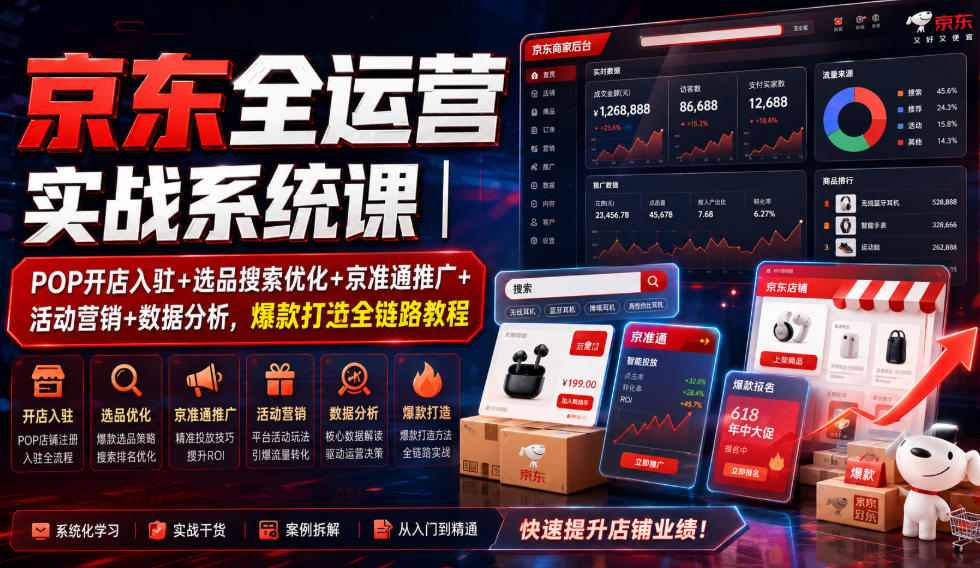 京东全运营实战系统课｜POP开店入驻+选品搜索优化+京准通推广+活动营销+数据分析，爆款打造全链路教程 - 臻优资源网