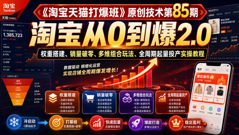 《淘宝天猫打爆班》原创技术第85期，淘宝从0到爆2.0，权重搭建、销量破零、多维组合玩法、全周期起量投产实操教程 - 臻优资源网