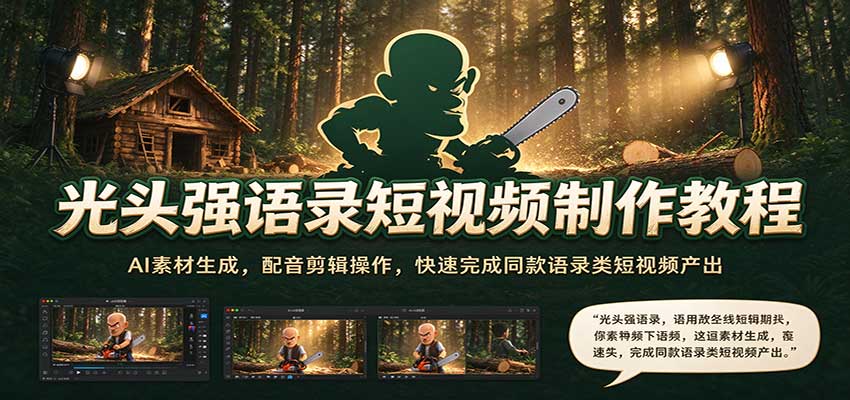 光头强语录短视频制作教程：AI素材生成，配音剪辑操作，快速完成同款语录类短视频产出 - 臻优资源网