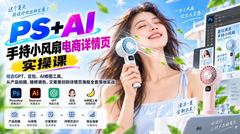 PS+AI手持小风扇电商详情页实操课|结合GPT、豆包、AI修图工具,从产品拍摄、精修调色、文案策划到详情页海报全套落地实战 - 臻优资源网