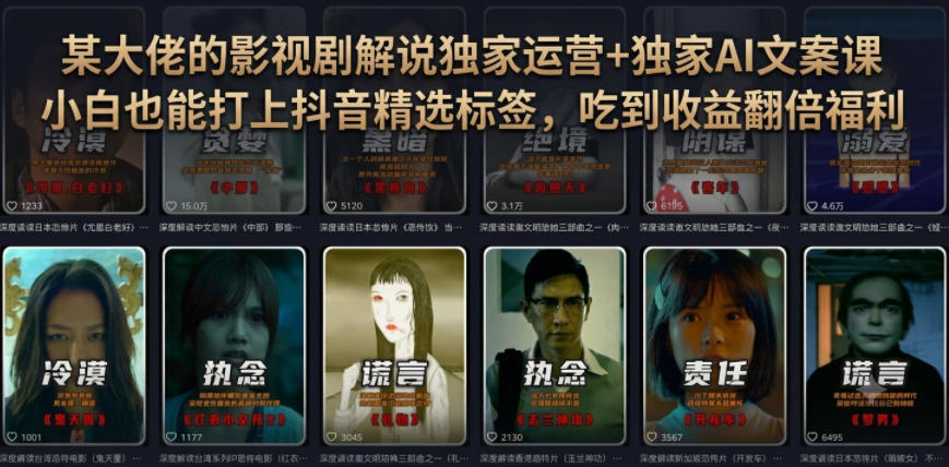 某大佬的影视剧解说独家运营+独家AI文案课，小白0粉丝也能快速打上抖音精选标签、吃到收益翻倍福利 - 臻优资源网