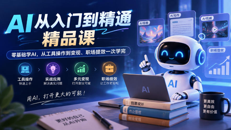AI从入门到精通精品课，零基础学AI，从工具操作到变现、职场提效一次学完 - 臻优资源网