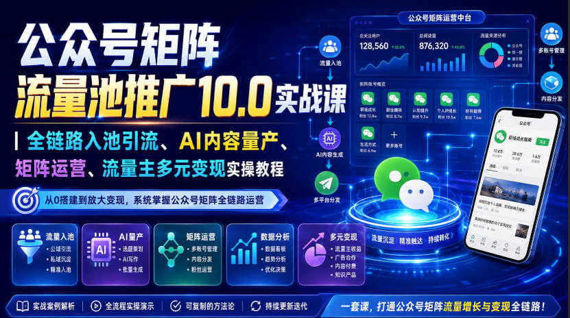 公众号矩阵流量池推广10.0实战课｜全链路入池引流、AI内容量产、矩阵运营、流量主多元变现实操教程 - 臻优资源网