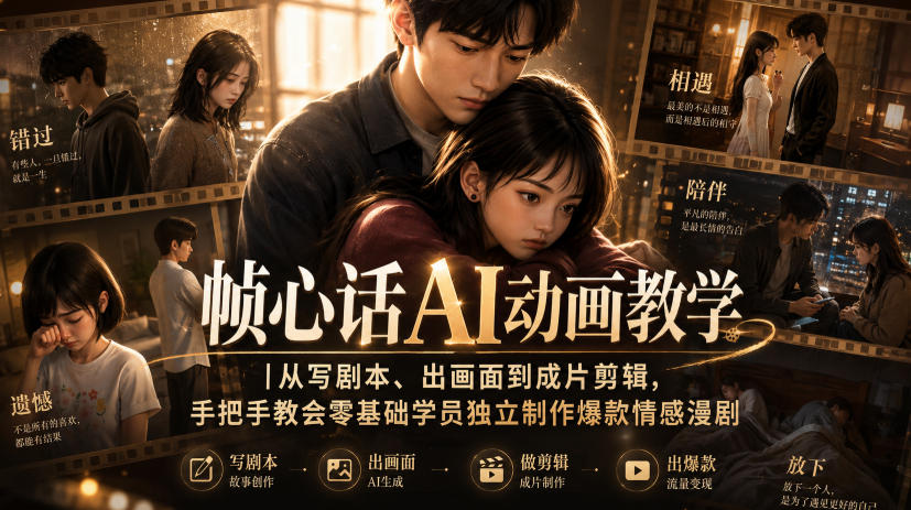 帧心话AI动画教学｜从写剧本、出画面到成片剪辑，手把手教会零基础学员独立制作爆款情感漫剧 - 臻优资源网