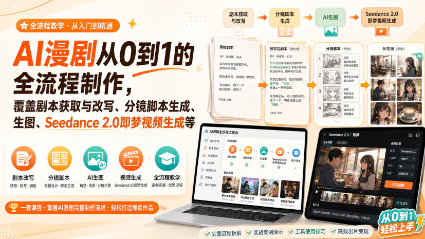 AI漫剧从0到1的全流程制作，覆盖剧本获取与改写、分镜脚本生成、角色场景生图与三视图、Seedance 2.0即梦视频生成（PDF版） - 臻优资源网