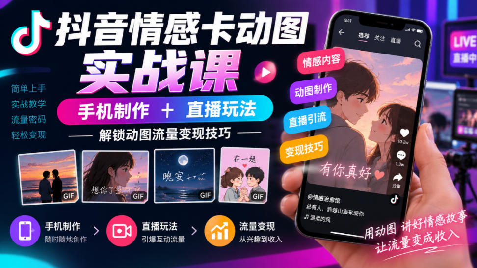 抖音情感卡动图实战课｜手机制作+直播玩法，解锁动图流量变现技巧 - 臻优资源网
