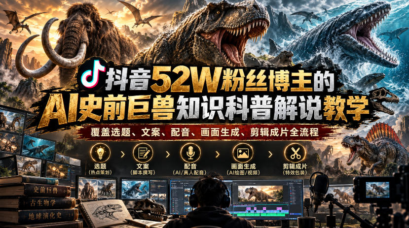 抖音52W粉丝博主的AI史前巨兽知识科普解说教学，覆盖选题、文案、配音、画面生成、剪辑成片全流程 - 臻优资源网