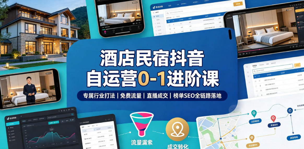 酒店民宿抖音自运营0-1进阶课｜专属行业打法、免费流量+直播成交+榜单SEO全链路落地 - 臻优资源网