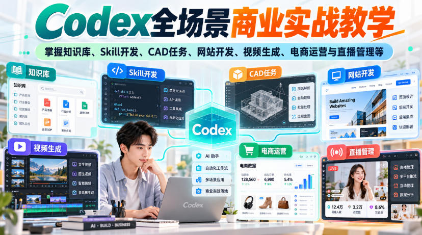 【无水印】Codex全场景商业实战教学，掌握知识库、Skill开发、CAD任务、网站开发、视频生成、电商运营与直播管理等 - 臻优资源网