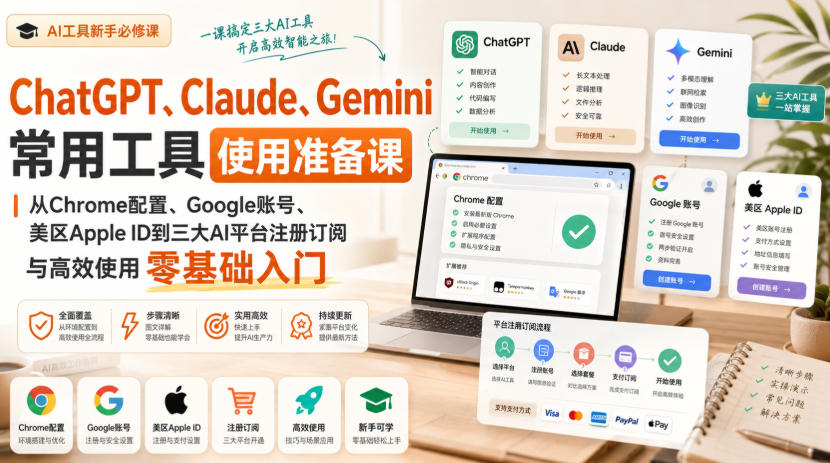 ChatGPT、Claude、Gemini常用工具使用准备课｜从Chrome配置、Google账号、美区Apple ID到三大AI平台注册订阅与高效使用零基础入门 - 臻优资源网