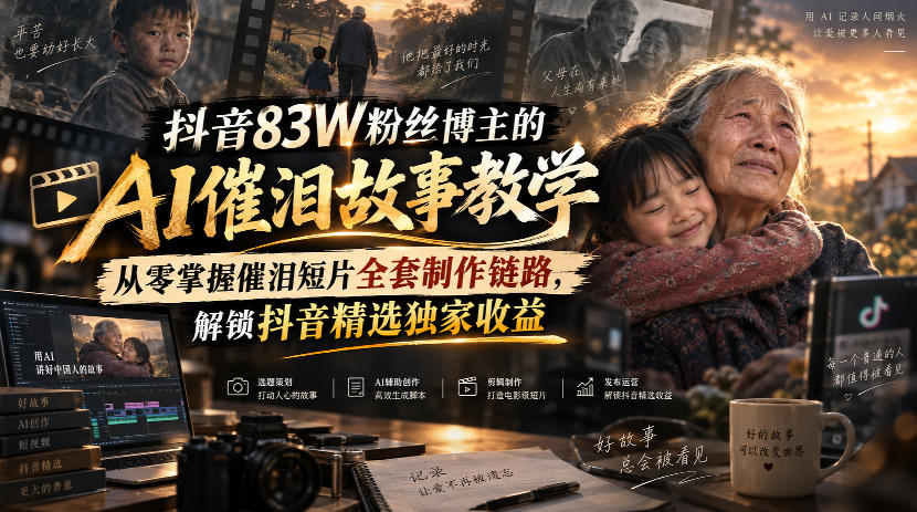 抖音83W粉丝博主的AI催泪故事教学，从零掌握催泪短片全套制作链路，解锁抖音精选独家收益 - 臻优资源网