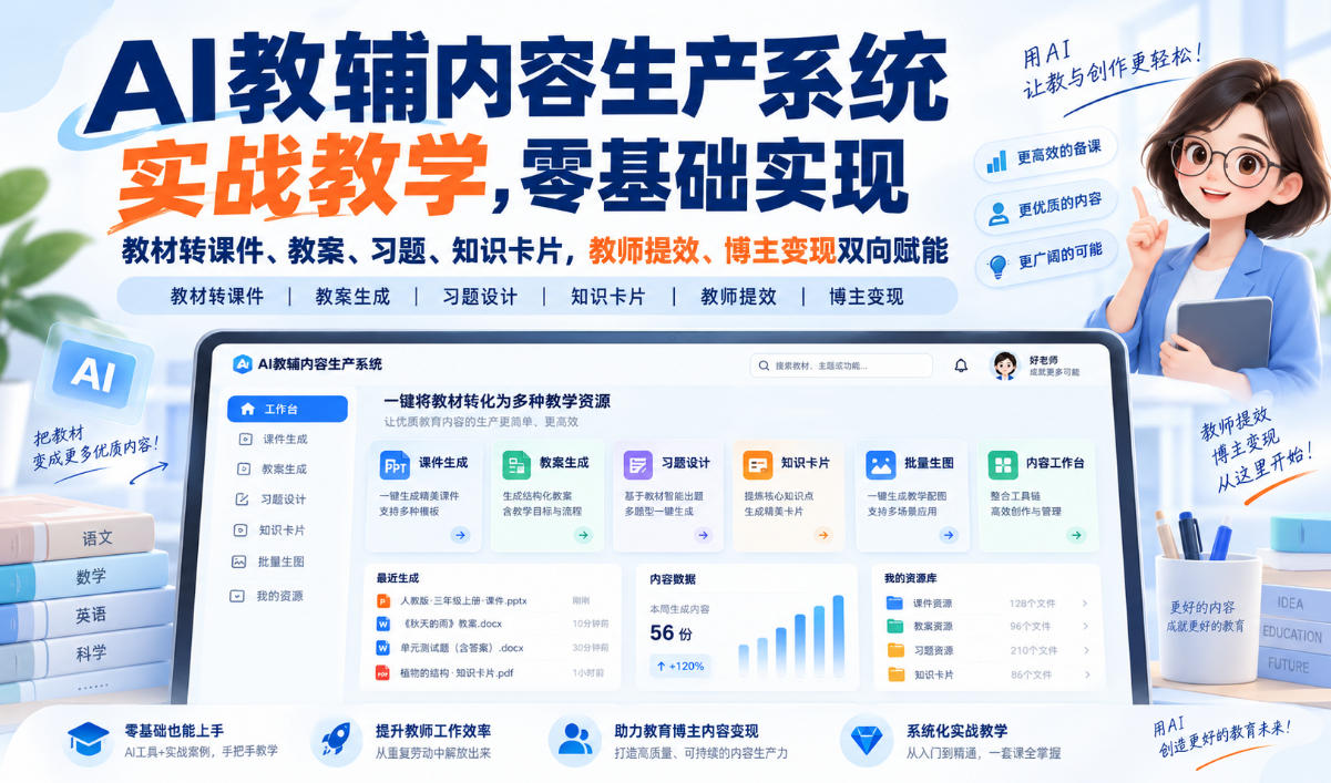 AI教辅内容生产系统实战教学,零基础实现教材转课件、教案、习题、知识卡片,教师提效、博主变现双向赋能 - 臻优资源网