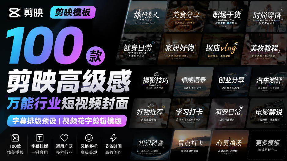 【剪映模板】100款剪映高级感万能行业短视频封面字幕排版预设视频花字剪辑模版 - 臻优资源网