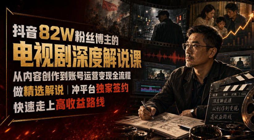 抖音82W粉丝博主的电视剧深度解说课，从内容创作到账号运营变现全流程，做精选解说，冲平台独家签约，快速走上高收益路线 - 臻优资源网