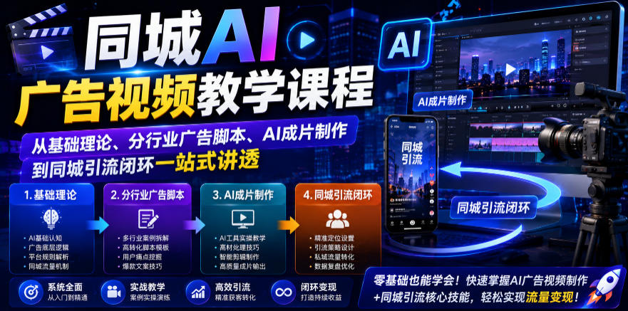 同城AI广告视频教学课程，从基础理论、分行业广告脚本、AI成片制作到同城引流闭环一站式讲透 - 臻优资源网