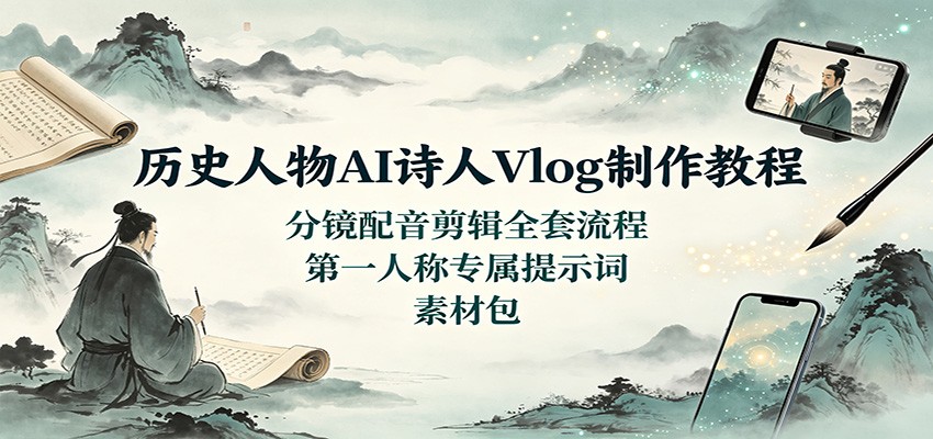 历史人物AI诗人Vlog制作教程：分镜配音剪辑全套流程，第一人称专属提示词素材包 - 臻优资源网