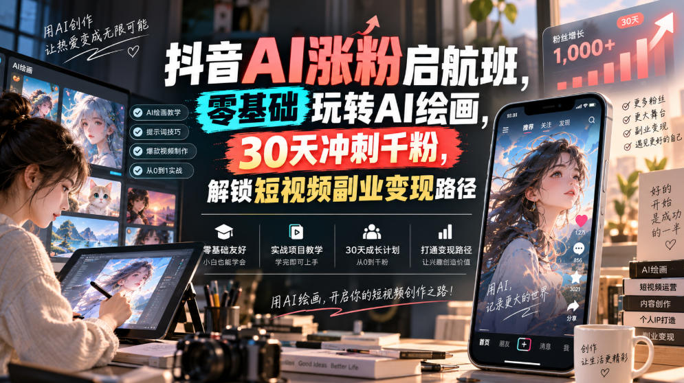 抖音AI涨粉启航班，零基础玩转AI绘画，30天冲刺千粉，解锁短视频副业变现路径 - 臻优资源网