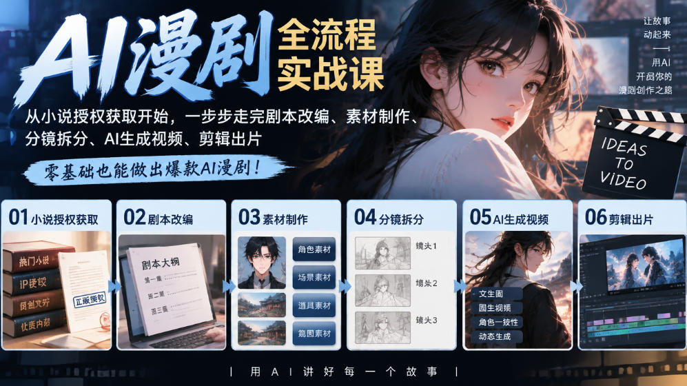 AI漫剧全流程实战课｜从小说授权获取开始，一步步走完剧本改编、素材制作、分镜拆分、AI生成视频、剪辑出片全流程 - 臻优资源网