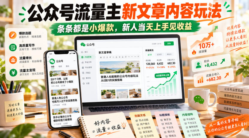 公众号流量主新文章内容玩法，条条都是小爆款，新人当天上手见收益 - 臻优资源网