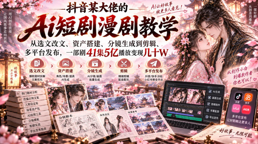 抖音某大佬的Ai短剧漫剧教学，从选文改文、资产搭建、分镜生成到剪辑、多平台发布，一部剧41集5亿播放变现几十W - 臻优资源网