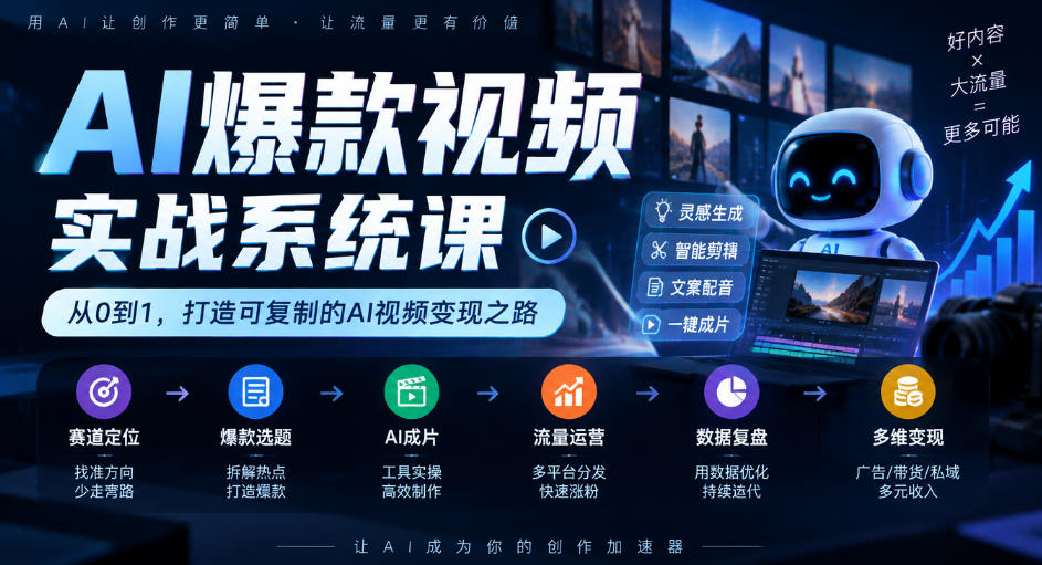 AI爆款视频实战系统课｜赛道定位、爆款选题、AI成片、流量运营、数据复盘、多维变现全链路教学 - 臻优资源网