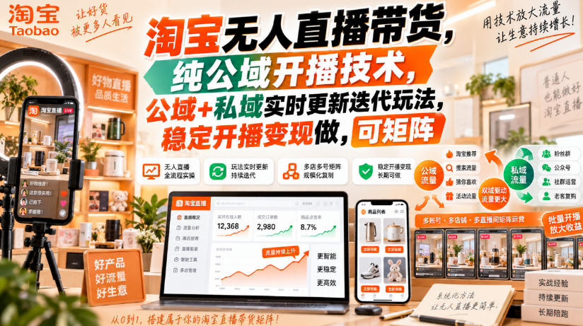 淘宝无人直播带货，纯公域开播技术，公域+私域实时更新迭代玩法，稳定开播变现做，可矩阵【揭秘】 - 臻优资源网