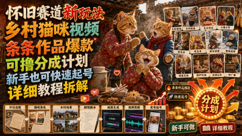 怀旧赛道新玩法，乡村猫咪视频，条条作品爆款，可撸分成计划，新手也可快速起号，详细教程拆解 - 臻优资源网