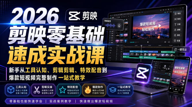 2026剪映零基础速成实战课｜新手从工具认知、剪辑剪辑、特效配音到爆款短视频完整制作一站式教学 - 臻优资源网
