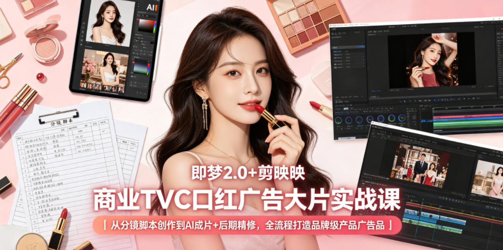 即梦2.0+剪映商业TVC口红广告大片实战课｜从分镜脚本创作到AI成片+后期精修，全流程打造品牌级产品广告 - 臻优资源网