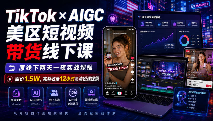 TikTok×AIGC美区短视频带货线下课，原线下两天一夜实战课程，原价1.5W，完整收录12小时高清授课视频 - 臻优资源网