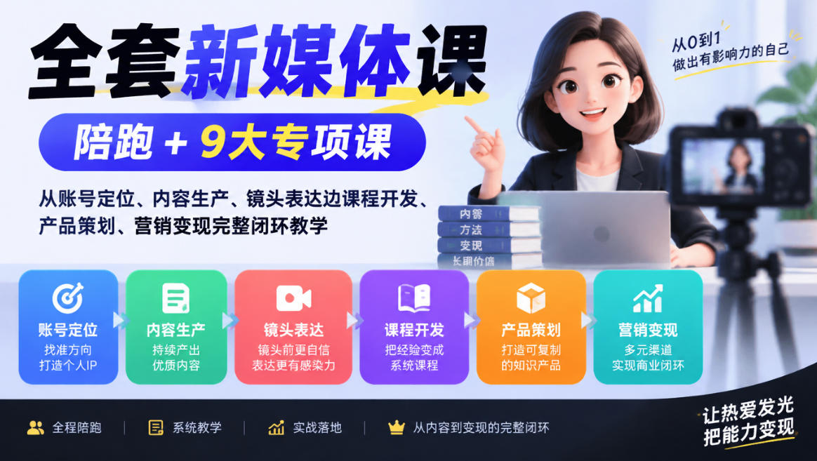 全套新媒体课｜陪跑+9大专项课，从账号定位、内容生产、镜头表达到课程开发、产品策划、营销变现完整闭环教学 - 臻优资源网