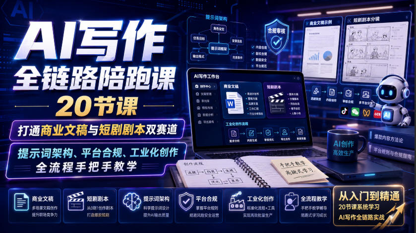AI写作全链路陪跑课｜20节课打通商业文稿与短剧剧本双赛道，提示词架构、平台合规、工业化创作全流程手把手教学 - 臻优资源网