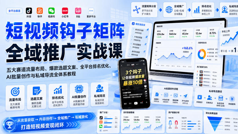 短视频钩子矩阵全域推广实战课｜五大赛道流量布局、爆款选题文案、全平台排名优化、AI批量创作与私域导流全体系教程 - 臻优资源网