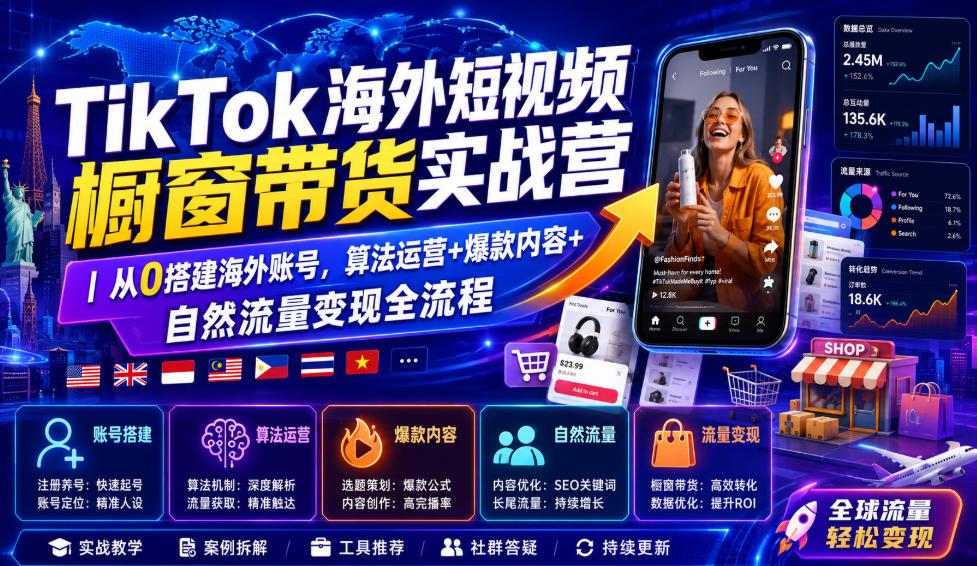 TikTok海外短视频橱窗带货实战营｜从0搭建海外账号，算法运营+爆款内容+自然流量变现全流程 - 臻优资源网