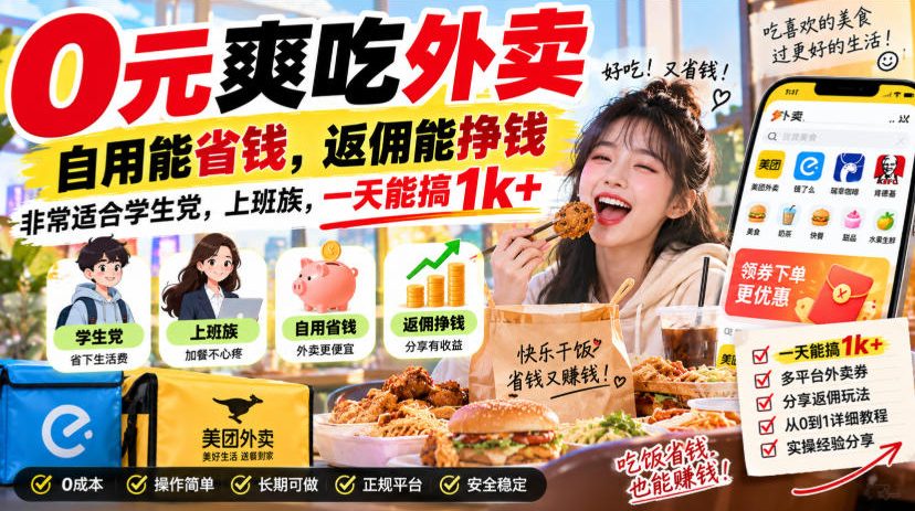 0元爽吃外卖，自用能省钱，返佣能挣钱，非常适合学生党，上班族，一天能搞1k+ - 臻优资源网