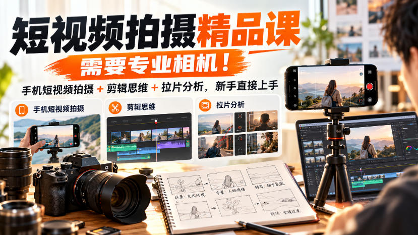 短视频拍摄精品课，需要专业相机！手机短视频拍摄+剪辑思维+拉片分析，新手直接上手 - 臻优资源网