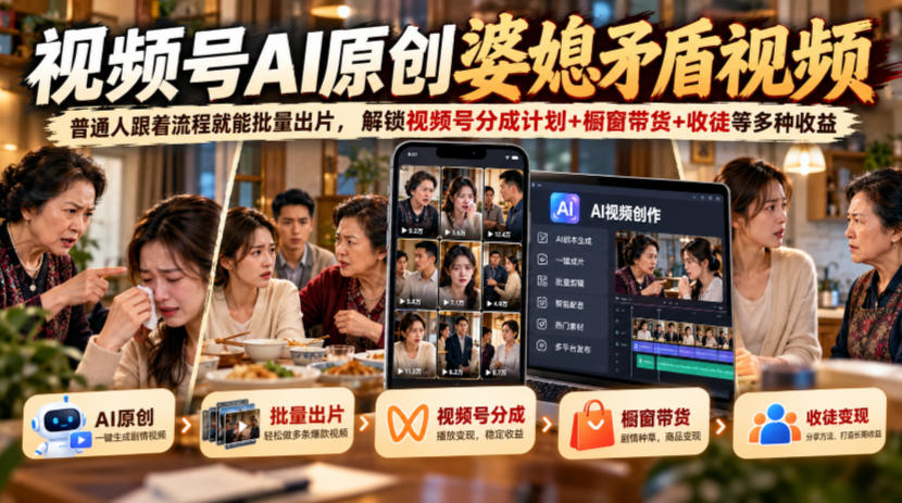 视频号ai原创婆媳矛盾视频，普通人跟着流程就能批量出片，解锁视频号分成计划+橱窗带货+收徒等多种收益 - 臻优资源网
