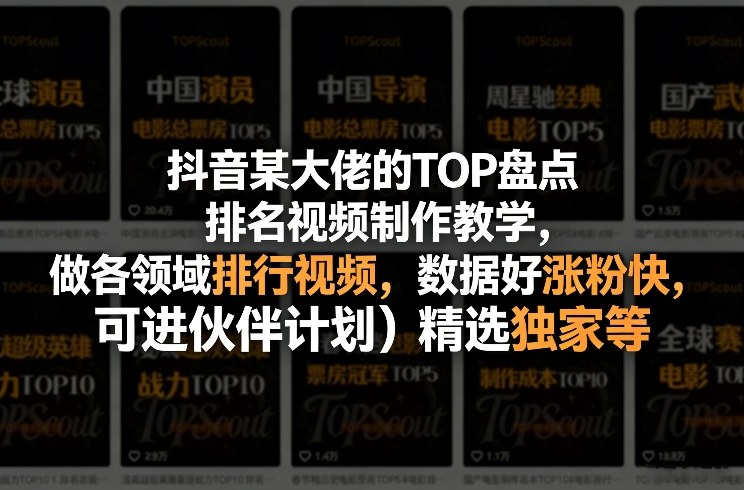 抖音某大佬的TOP盘点排名视频制作，做各领域排行视频，数据好涨粉快，可进伙伴计划＋精选独家等 - 臻优资源网