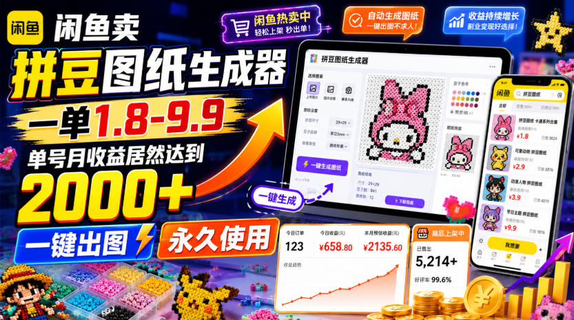 闲鱼卖拼豆图纸生成器，一单1.8-9.9，单号月收益居然达到2000+一键出图永久使用 - 臻优资源网