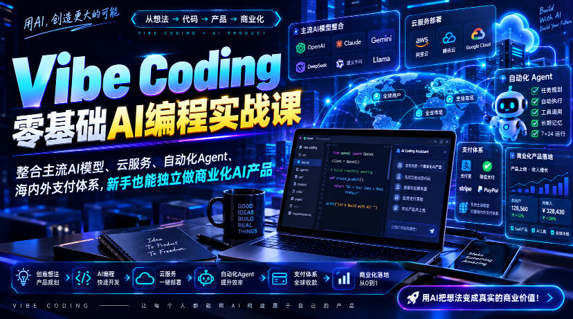 Vibe Coding零基础AI编程实战课-无水印，整合主流AI模型、云服务、自动化Agent、海内外支付体系，新手也能独立做商业化AI产品 - 臻优资源网
