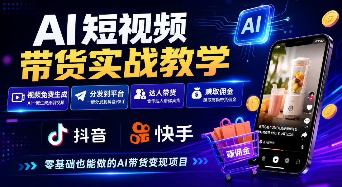 AI短视频带货实战教学，视频免费生成，分发到抖音快手平台，达人带货賺佣金 - 臻优资源网