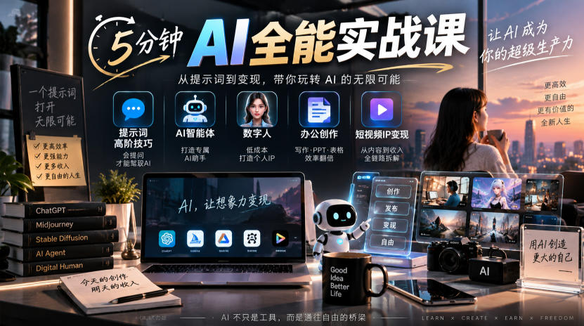 5分钟AI全能实战课｜提示词高阶技巧+AI智能体+数字人+办公创作+短视频IP变现全教程 - 臻优资源网