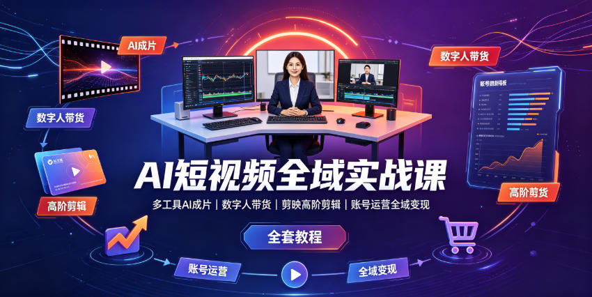 AI短视频全域实战课｜多工具AI成片、数字人带货、剪映高阶剪辑、账号运营全域变现全套教程 - 臻优资源网